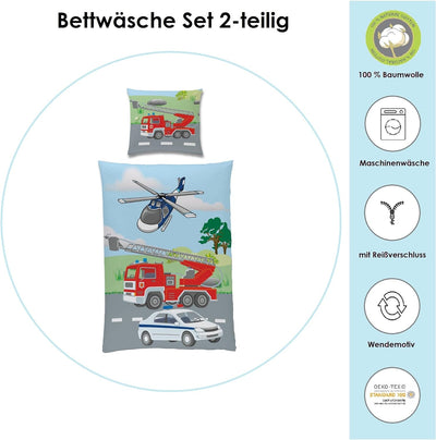 TexIdea Polizei Feuerwehr Bettwäsche Set · Wende-Motiv · Bett-bezug 135x200 cm · Kopfkissen-bezug 80