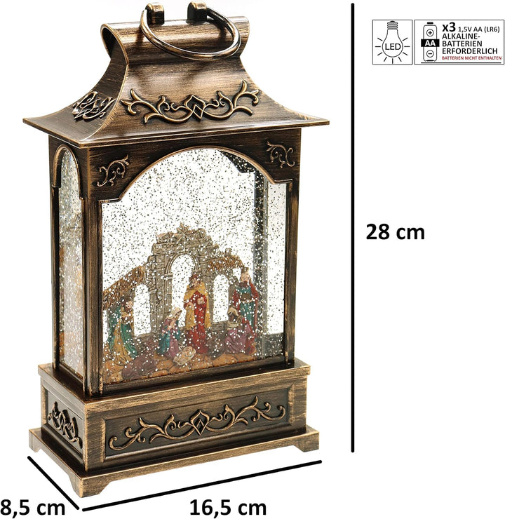 Schneekugel/Weihnachtsdeko mit Krippenspiel, Licht & Schneeantrieb H.: 28cm