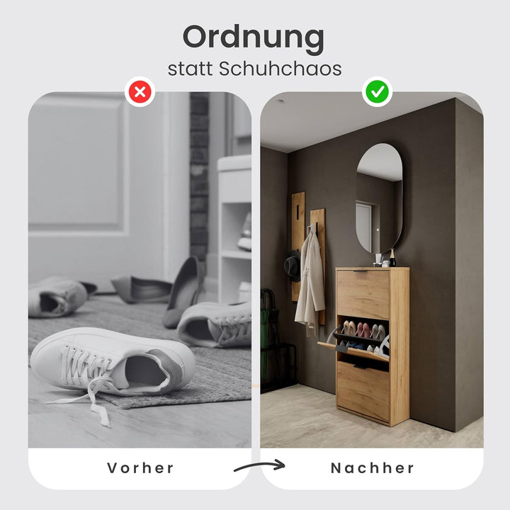 Planetmöbel Schuhschrank schmal mit 3 Klappen platzsparender Schuhregal mit 6 Ablagen, Schuhkommode