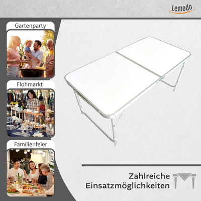 Lemodo Campingtisch weiss klappbar | Klapptisch 3-Fach höhenverstellbar | Falttisch 120 x 60 cm | Le