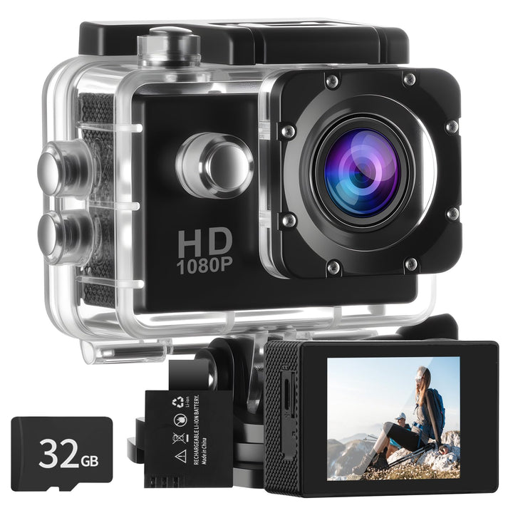 Action cam mit 32G Karte, HD 1080P30FPS Unterwasserkamera 30m Wasserdicht mit 900mAh Akkus, 140° Ult