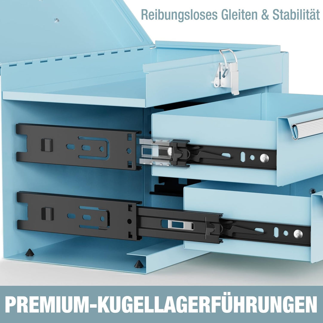 WORKPRO Metall Schubladenbox mit 2 Schubladen & Oberer Stauraum Hellblau, 27,5x15x20,8cm Tisch Organ