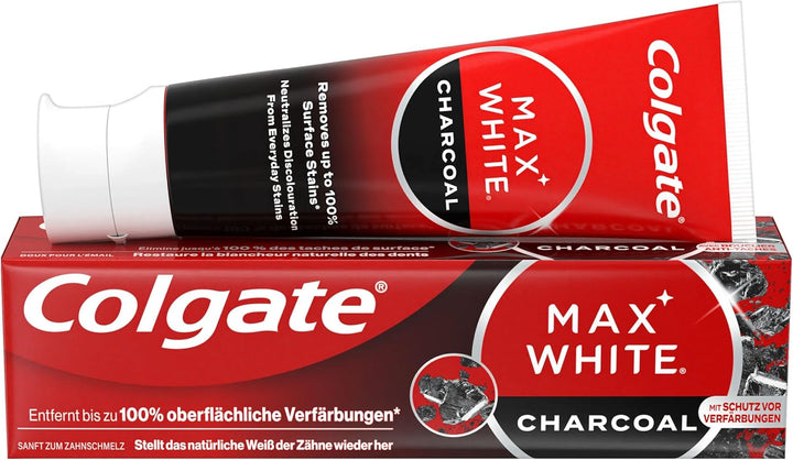 Colgate Zahnpasta Max White Charcoal, 12 x 75ml - Zahncreme mit Aktivkohle, entfernt bis zu 100% der
