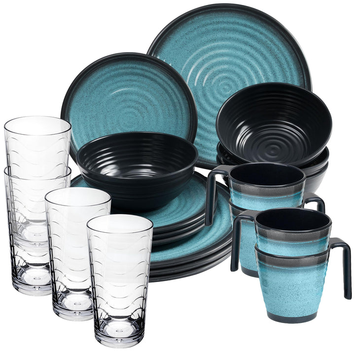 Melamin Geschirrset 4 Personen blau schwarz 20 Teile Tassen klaren 260ml 20 Teile - Trinkglas klar 2