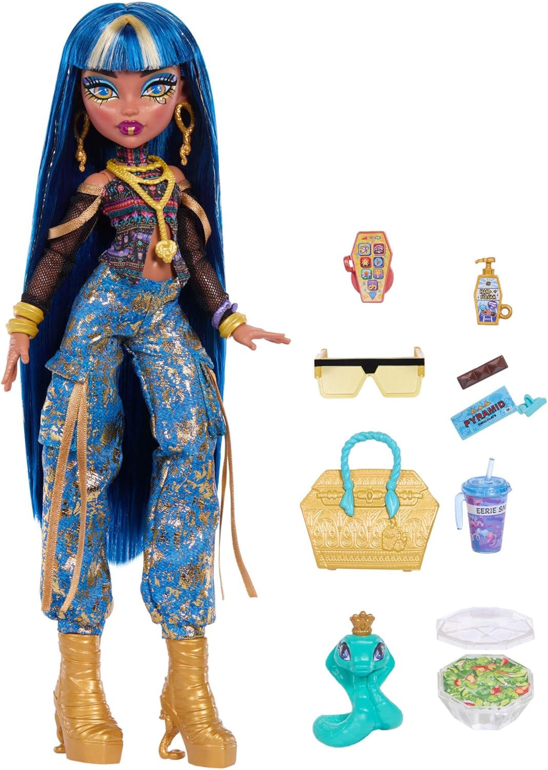 Monster High-Puppe Cleo de Nile in Crop-Top und Goldener Jeans-Cargohose mit Haustierschlange Hisset