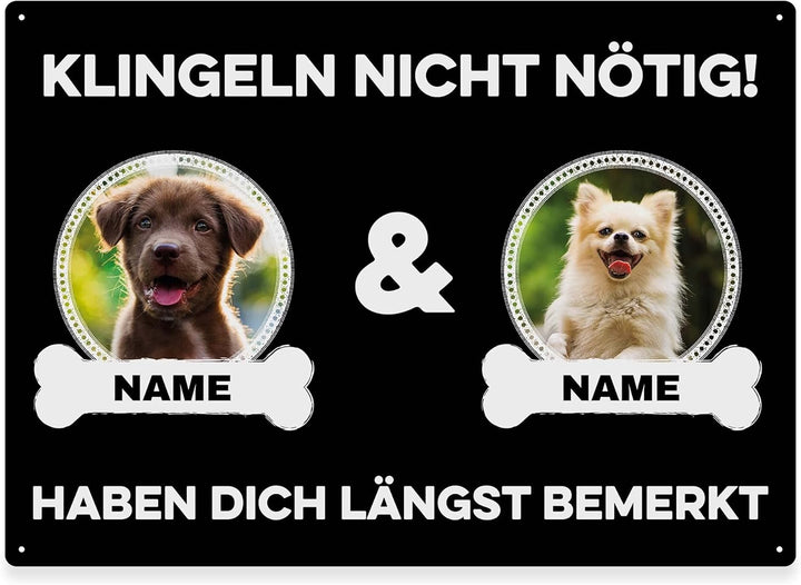Hunde Schild personalisiert - Klingeln nicht nötig - Metallschild mit Foto und Name für aussen, wett