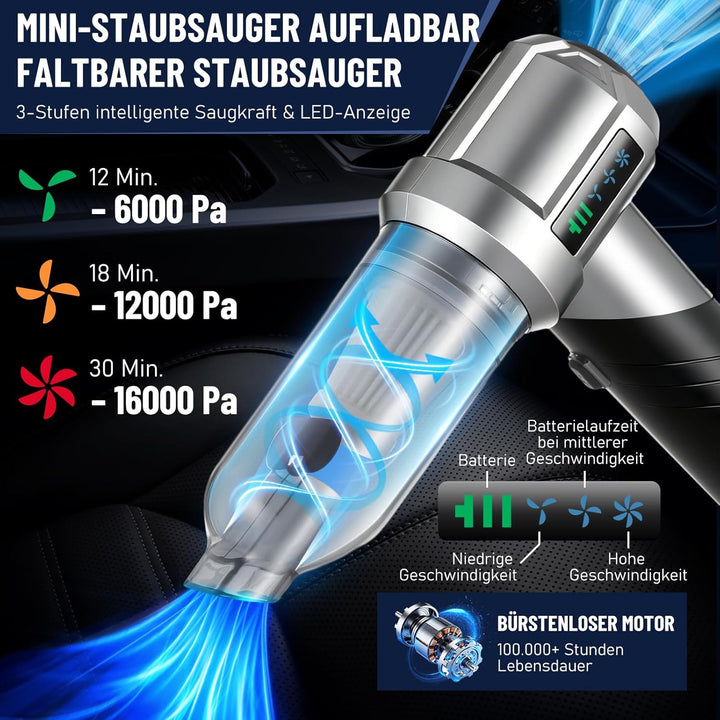Kabelloser Handstaubsauger 16000Pa, 4-in-1 Akku Auto Staubsauger mit 6000mAh, Faltbarer Mini Staubsa