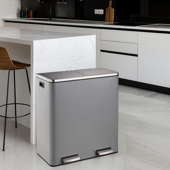 Floordirekt Mülleimer Küche 2×30L Grau | 2-Fach Mülltrennung, Treteimer Küche, Metall, Soft-Close, l