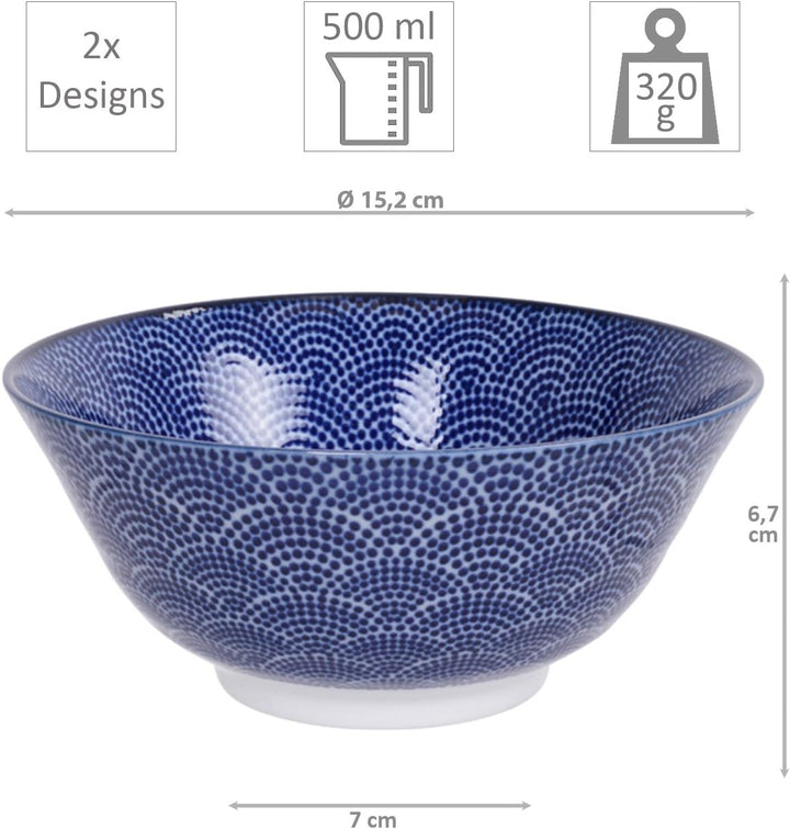 TOKYO design studio Nippon Blue 2-er Schalen-Set blau-weiss, Ø 15 cm, ca. 500 ml, asiatisches Porzel
