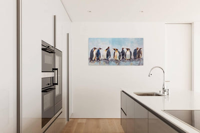 KunstLoft Leinwandbild | 100% HANDGEMALT | 120x60cm | Gemälde 'Kreis der Pinguine' | Pinguin | Blau