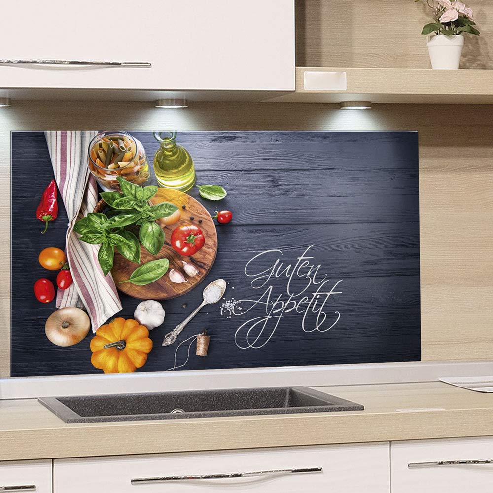 GRAZDesign Spritzschutz Küche Herd, Gemüse auf Holz, dunkelgrau mit Guten Appetit, Küchenrückwand au