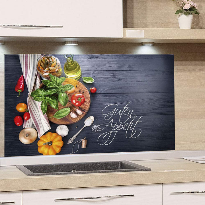 GRAZDesign Spritzschutz Küche Herd, Gemüse auf Holz, dunkelgrau mit Guten Appetit, Küchenrückwand au