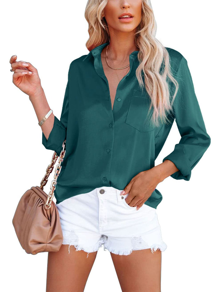 Damen Bluse Elegant V-Ausschnitt Satin Langarm Casual Oberteile Locker Hemd Einfarbig Lose Langarmsh