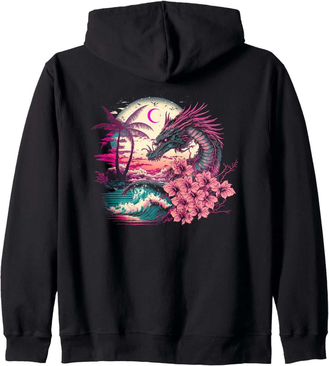 Drache Vaporwave Abstrakte Landschaft Mondbaum Wasserfall Kapuzenjacke