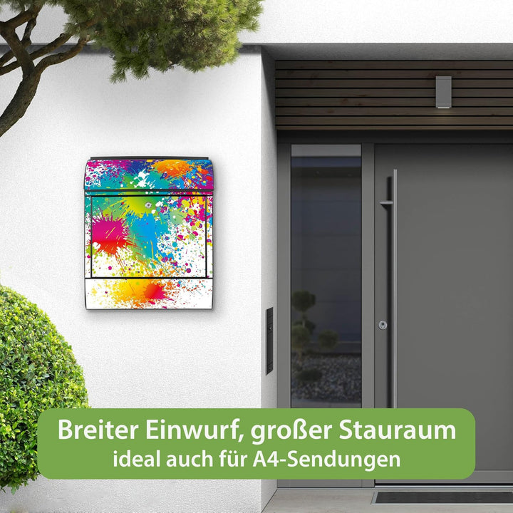 banjado® Design Briefkasten mit Motiv Farbspritzer 39x47x14cm &amp; 2 Schlüssel - Briefkasten Stahl schw