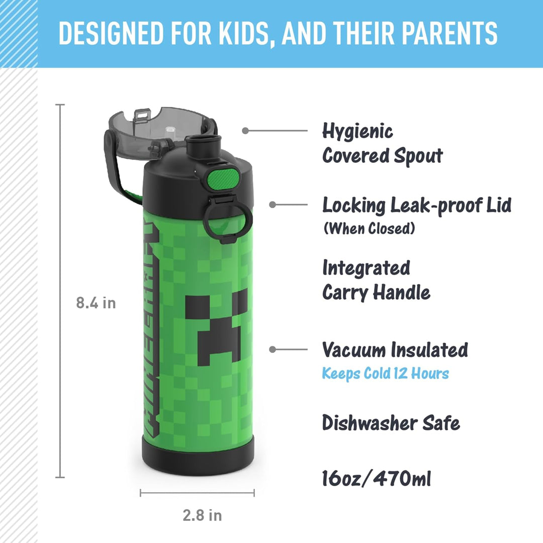 THERMOS Funtainer Edelstahl-Vakuum-Isolierflasche mit breitem Auslaufdeckel, 473 ml, Minecraft Minec
