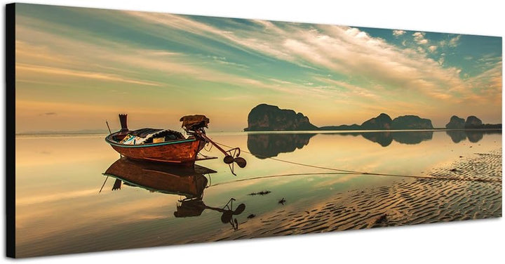 Paul Sinus Art Panoramabild auf Leinwand und Keilrahmen 150x50cm Strand Meer Boot Felsen Wolken Spie
