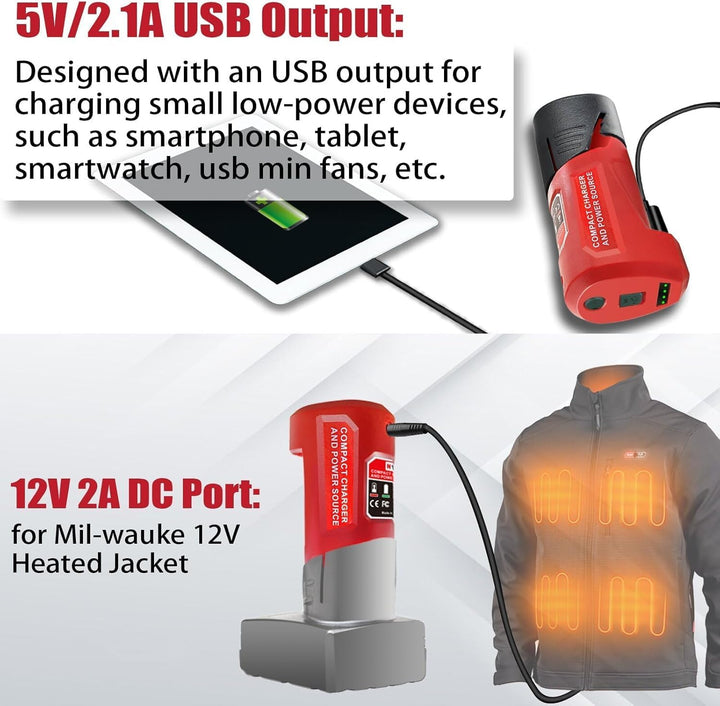 M12 Akku Ladegerät mit Typ-C Anschluss & DC 12V Ausgang, Ersatz-Netzteil für Milwaukee M12 12V Akku