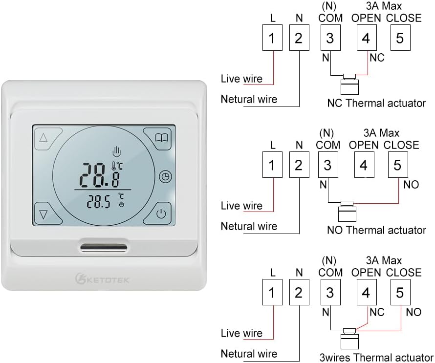 KETOTEK Programmierbare Digitales Thermostat für Wasser Fussbodenheizung 3A 230V, Raumthermostat Fus