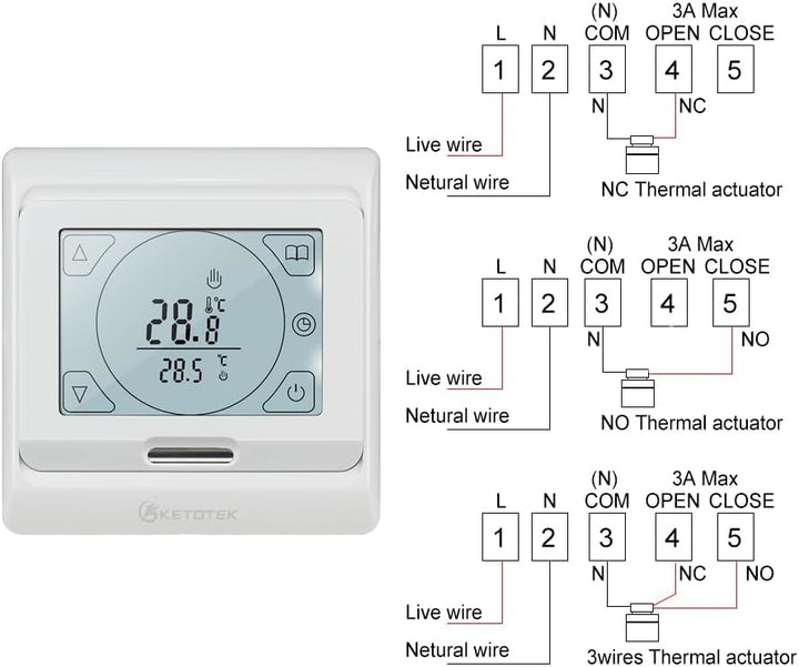 KETOTEK Programmierbare Digitales Thermostat für Wasser Fussbodenheizung 3A 230V, Raumthermostat Fus