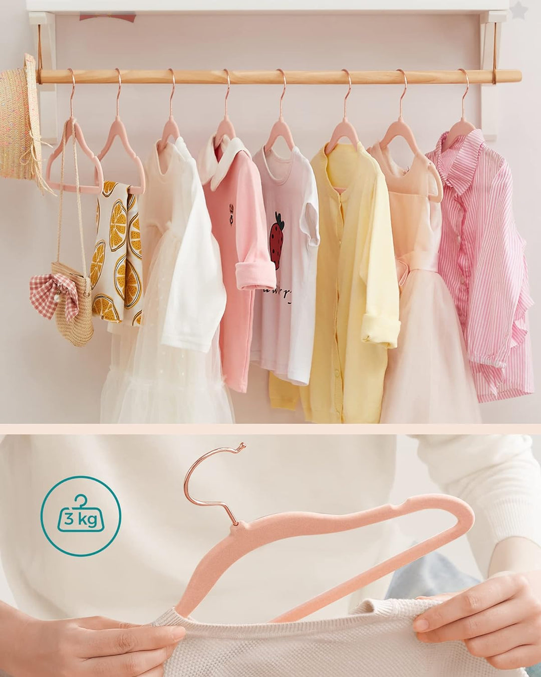 SONGMICS Kinderkleiderbügel, 50er Set, Samtbügel mit Haken in Roségold, rutschfest, für Kleiderschra