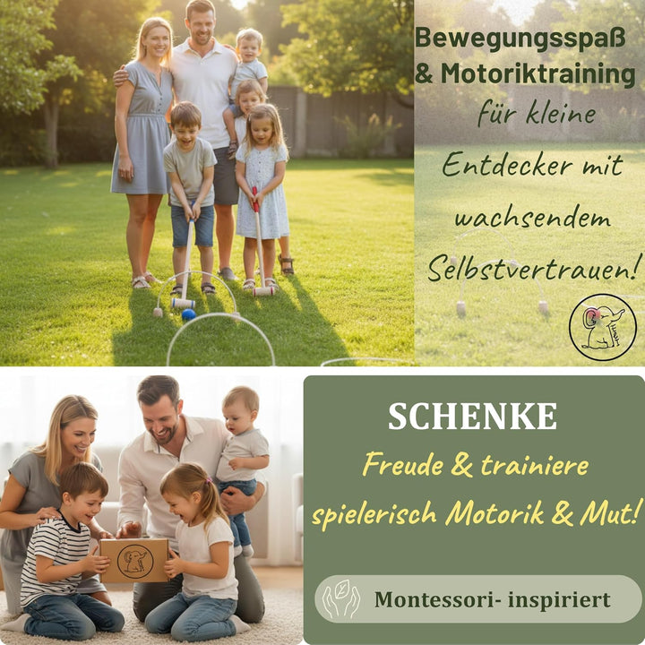 Eli® Krocket Spiel für Kinder inkl Schläger - Ziele und Bälle aus Holz - Crocket Set für Indoor und