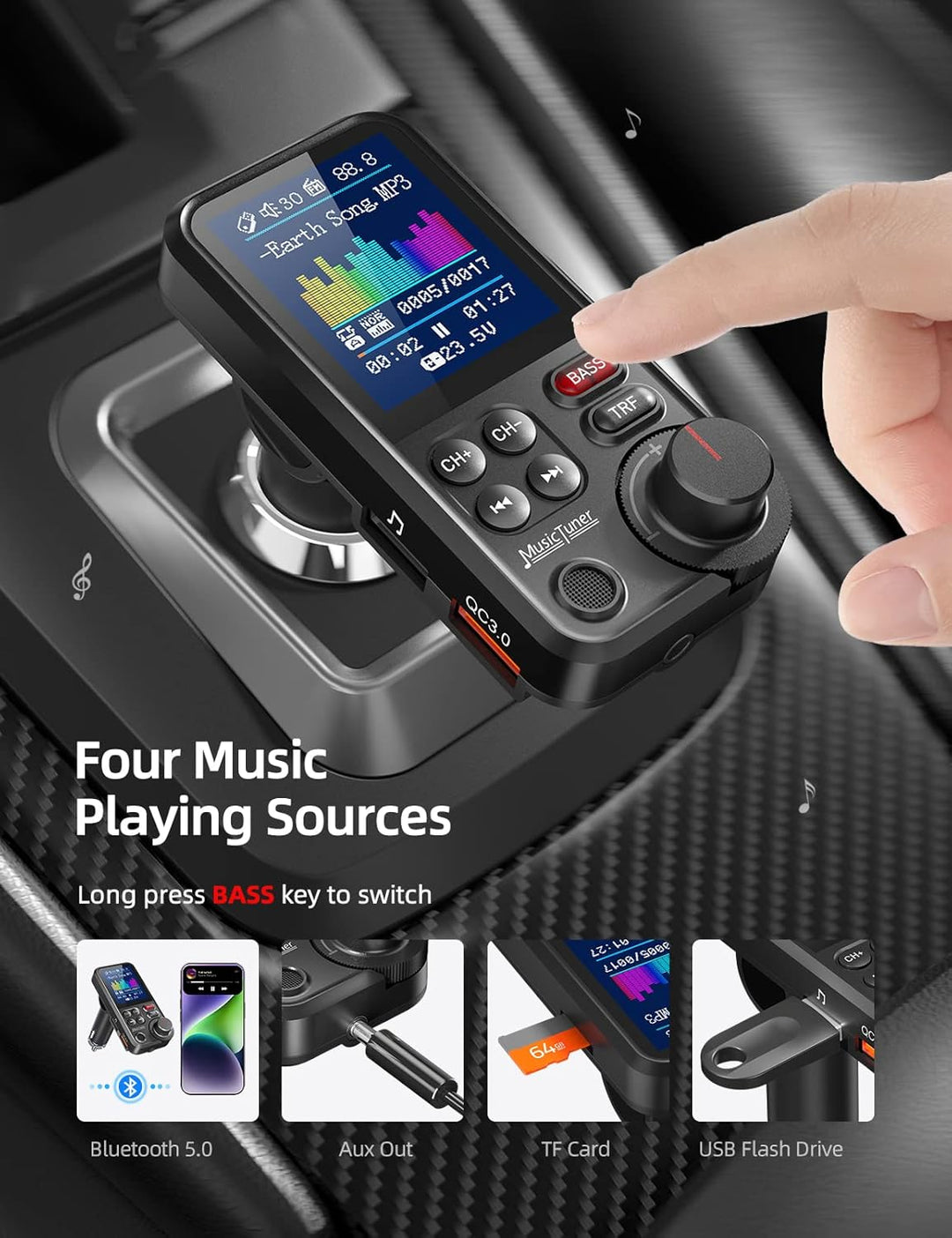 Nulaxy Bluetooth Adapter Auto, Starkes Mikrofon FM Transmitter Auto Bluetooth mit 1,8-Zoll-Farbbilds