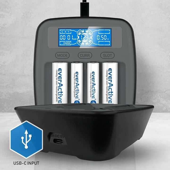 everActive Ladegerät für NI-MH, NI-Cd, 1-4x R6/AA, R03/AAA, professionell und schnell, USB-C NI-MH p