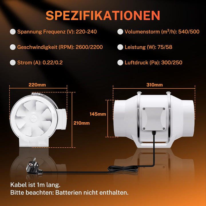 YJHome 150mm Inline Rohrventilator mit Drehzahlregler, 540m³/h Rohrlüfter Rauchabsaugung Regelbar mi