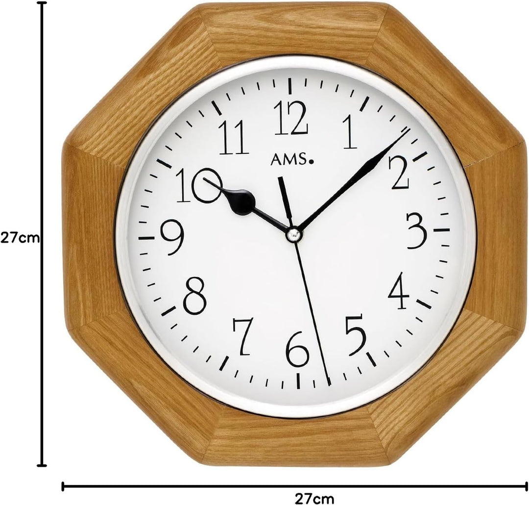 AMS Funk-Wanduhr 5512 Vaduz, Funk-Uhrwerk, Eiche, Achteck, Holzgehäuse, Aluminium-Frontreif, Mineral