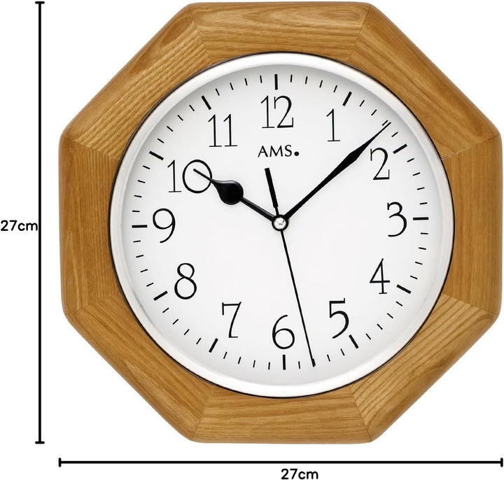 AMS Funk-Wanduhr 5512 Vaduz, Funk-Uhrwerk, Eiche, Achteck, Holzgehäuse, Aluminium-Frontreif, Mineral