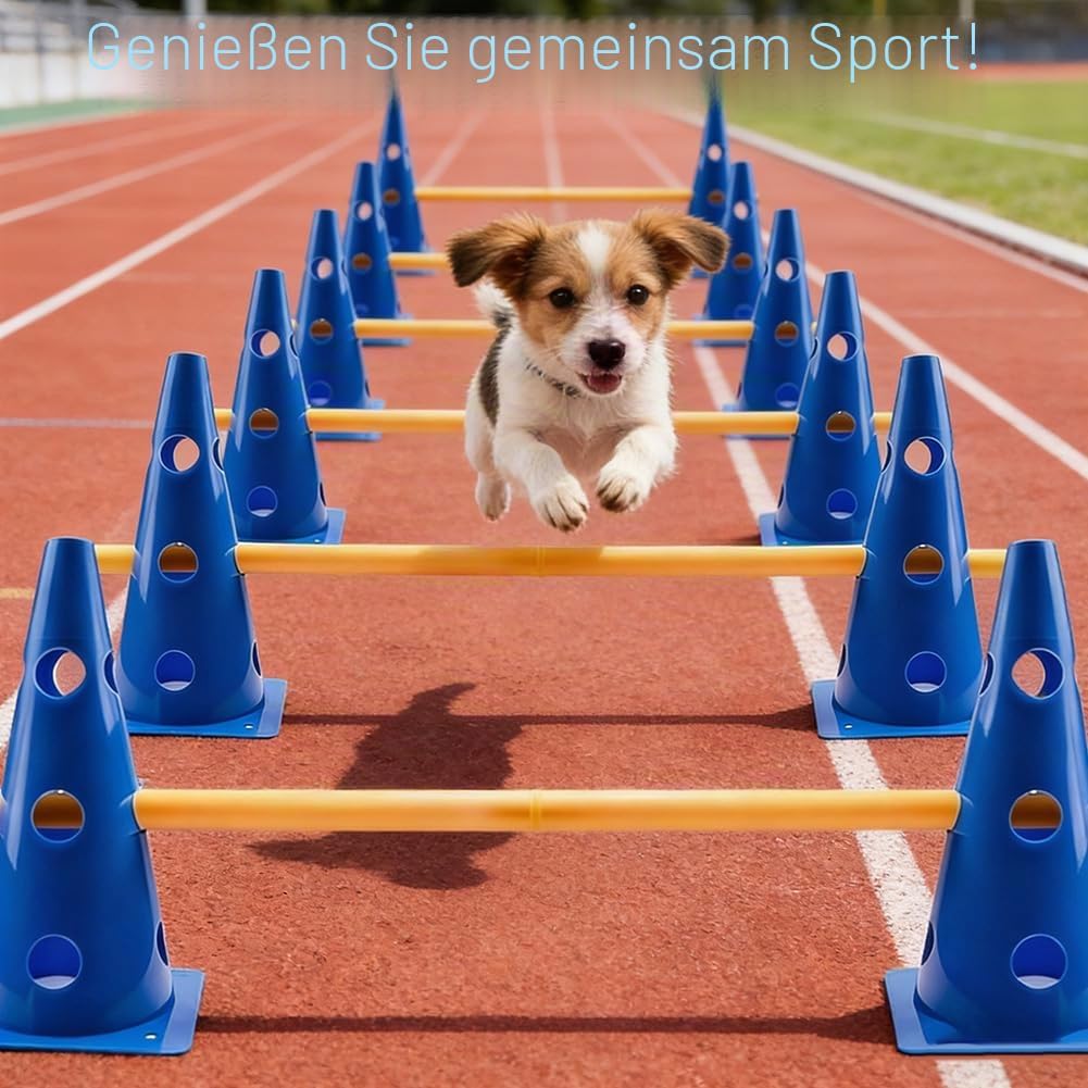 Steckhürden Set für Agility Training, 5 Stück Hindernisse mit 10 Kegel 23cm Höhe und 5 Stangen 80cm