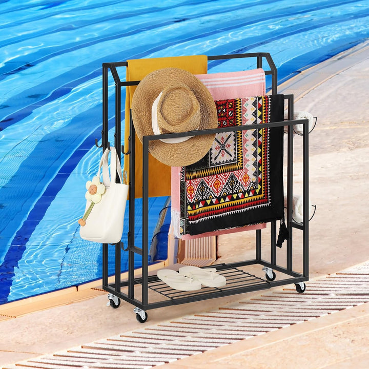 Freistehender Handtuchhalter Ständer Schwarz Handtuch Trocknen und Display Rack mit Rollen, Indoor O