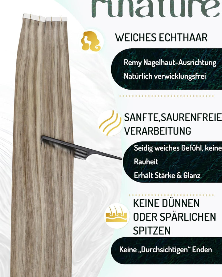 RUNATURE Tape in Extensions Echthaar Blond Highlights 35 cm Glatt Echthaar Tape Extensions Graublond