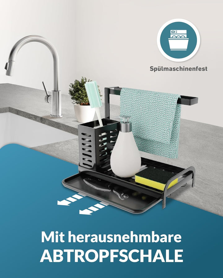 Spülbecken Organizer mit Abtropfschale in Schwarz | praktischer Spülorganizer aus Edelstahl für Spül