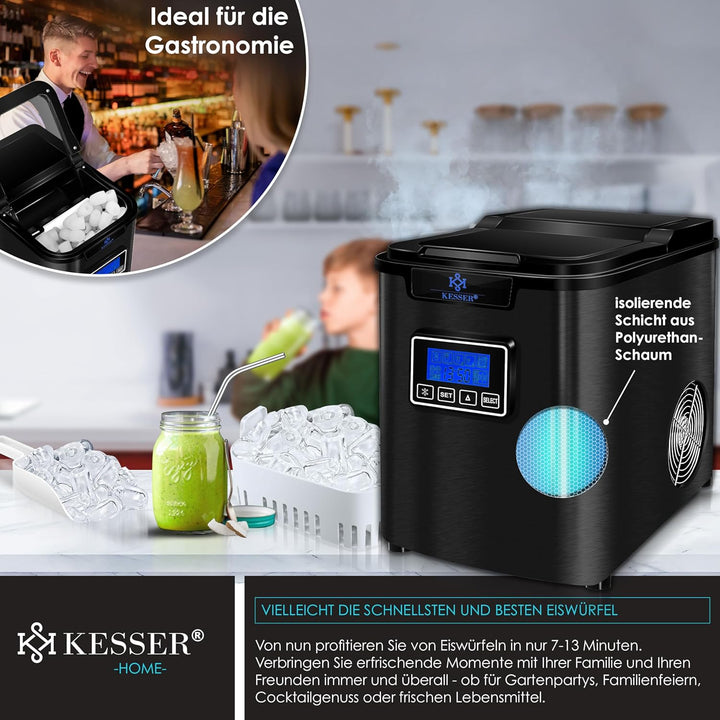 KESSER® Eiswürfelbereiter | Eiswürfelmaschine Edelstahl | 150W Ice Maker | 12 kg 24 h | 3 Würfelgrös