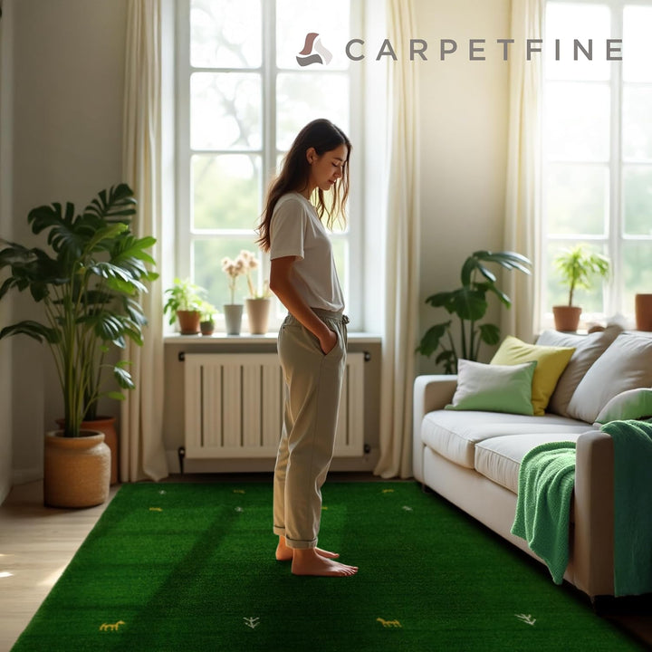 carpetfine Wollteppich Gabbeh Uni Grün 60x90 cm | Moderner Teppich für Wohn- und Schlafzimmer 60x90