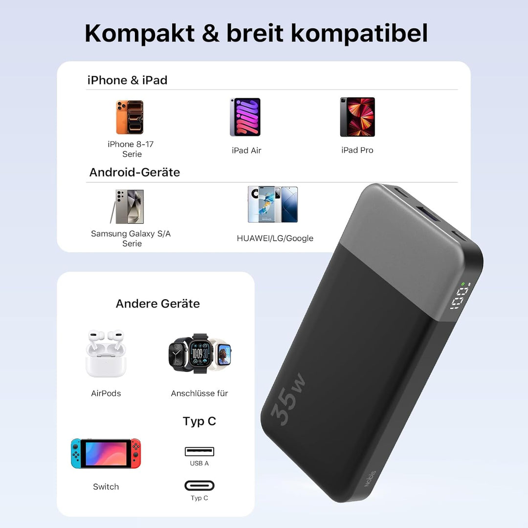 NOBIS Power Bank 35W 10000 mAh Powerbank – Schnellladung mit 2 USB-C EIN- & Ausgängen, 1 USB-A Ansch