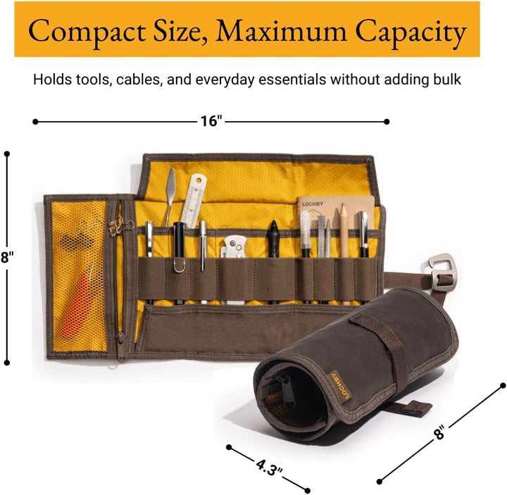 LOCHBY Tool Roll, 8x16 Inches (Unrolled) -Rugged Everyday Carry Organizer for Pens, Tools, & More -T