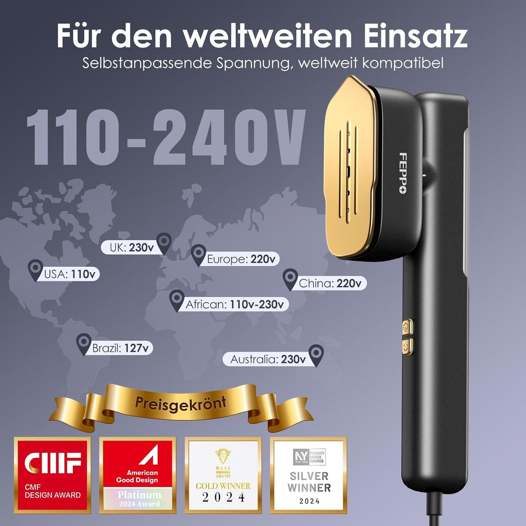 FEPPO Steamer Dampfglätter, 110-240V Dual Voltage Reise Dampfglätter, 2 in1 Tragbarer Handheld Steam