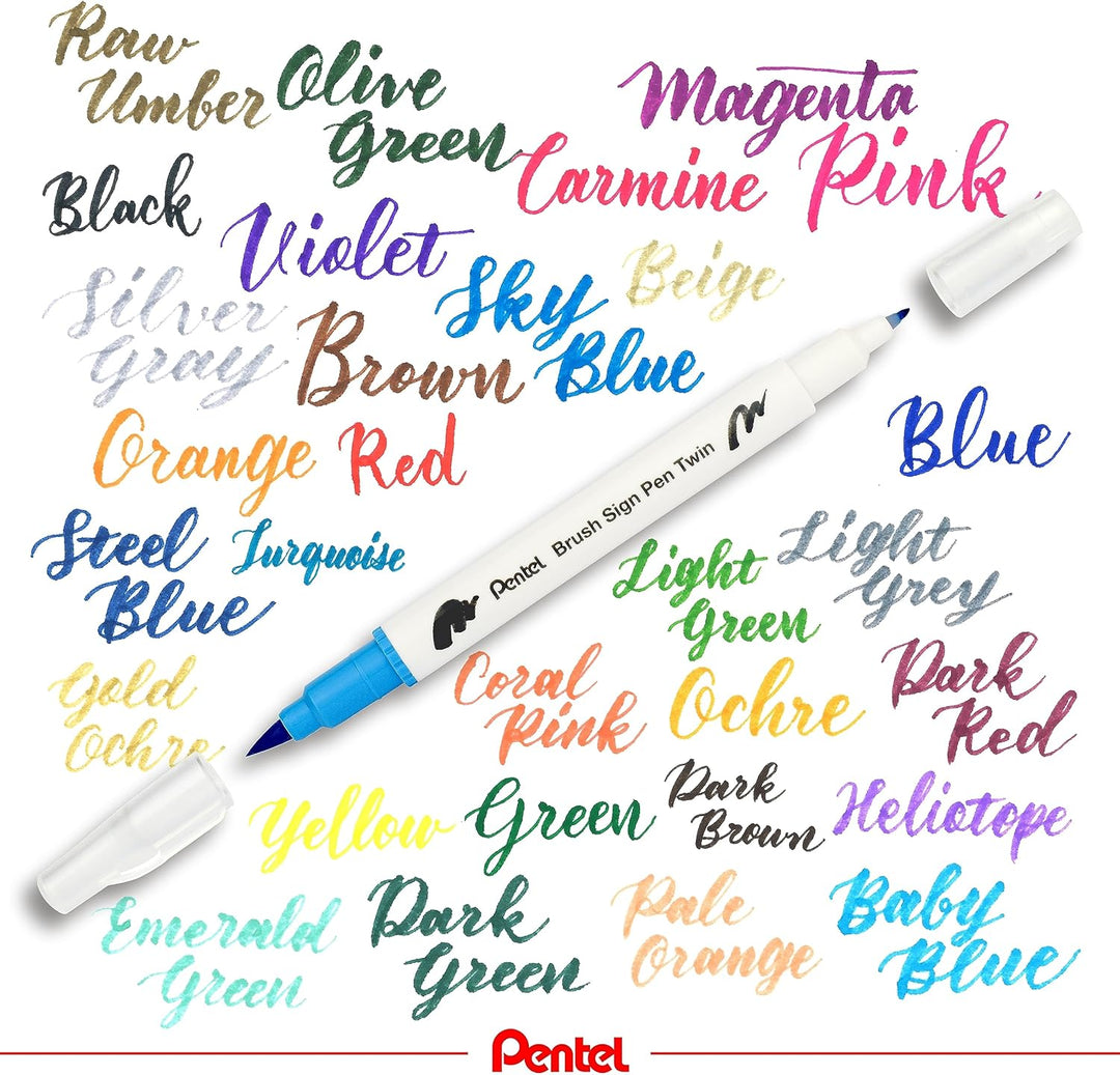Pentel SESW30C-30 Brush Sign Pen Twin, 30-Farben-Set, Fasermaler mit zwei flexiblen Schreibspitzen,