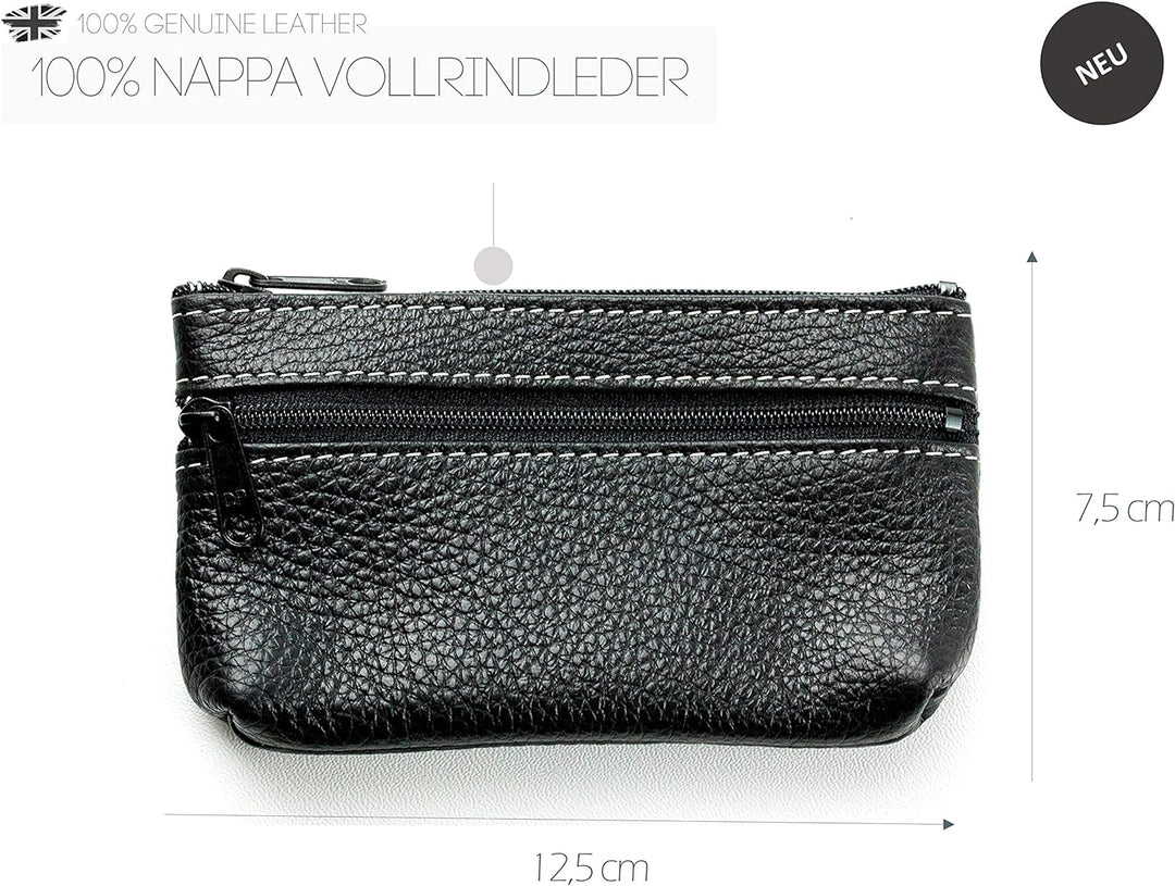 DELMON VARONE - Personalisierbares Schlüsseletui Leder Soft Grain schwarz, Schlüsseltasche mit Reiss