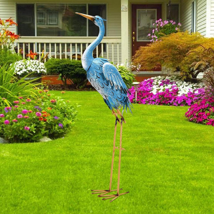Yeomoo Metall Vogel Kranich Reiher Skulptur Gartendeko für Draussen: Blau Stehend Vogel Deko Wohnzim