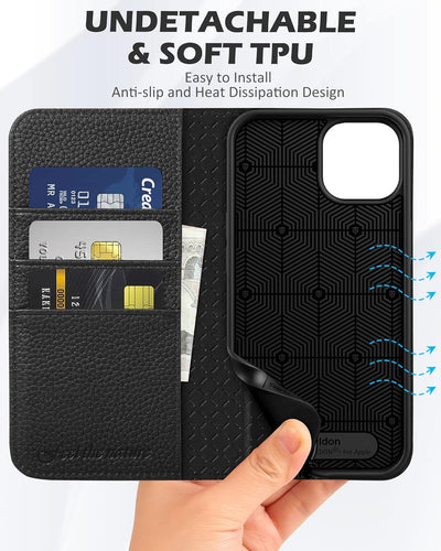SHIELDON Hülle für iPhone 14 5G Handyhülle Case [Litschi Echtleder] [RFID-Sperre] [Kartenfach] [Stan