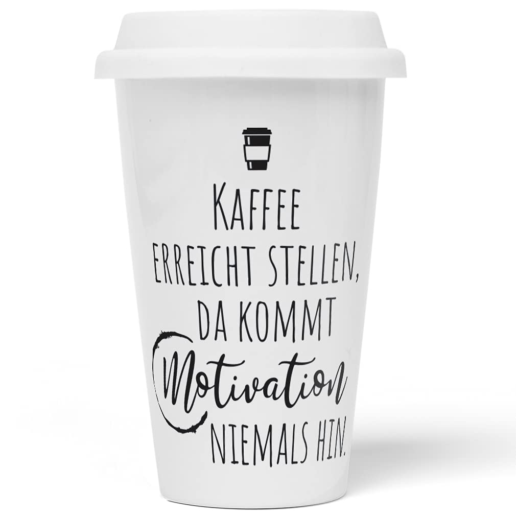 JUNIWORDS To-Go Becher mit Deckel, Kaffee erreicht Stellen, da kommt Motivation niemals hin