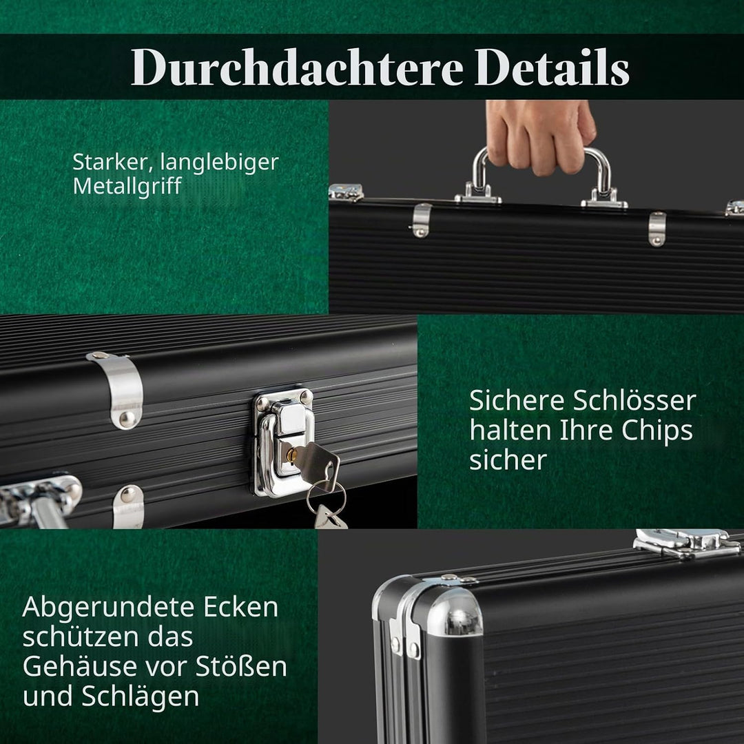 HOMASIS Pokerset mit 500 Chips, Poker Koffer mit 2 Kartendecks, 5 Würfel, Kasino-Matte, 3 Dealer But