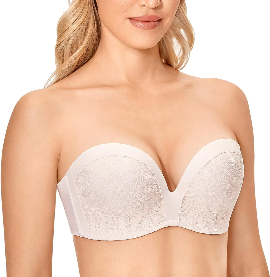 DELIMIRA Damen Push Up Trägerlos BH - Spitze Gemoldete Cups Trägerlos Büstenhalter 80E Rose White, 8