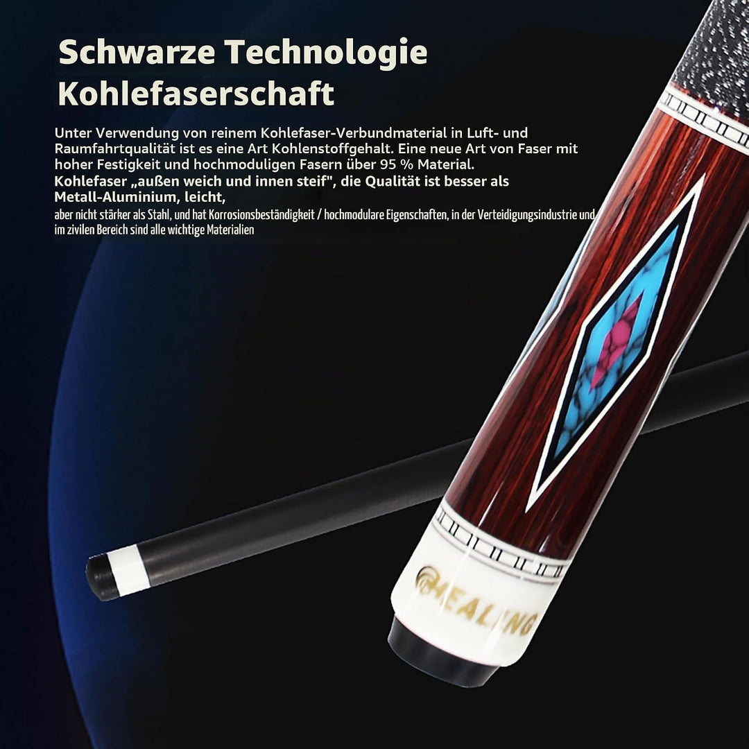 OKHEALING Billardqueue Carbon T700 Kohlefaser, 12,4 mm, mehrschichtige Schweinslederspitze, XTC-Hüls