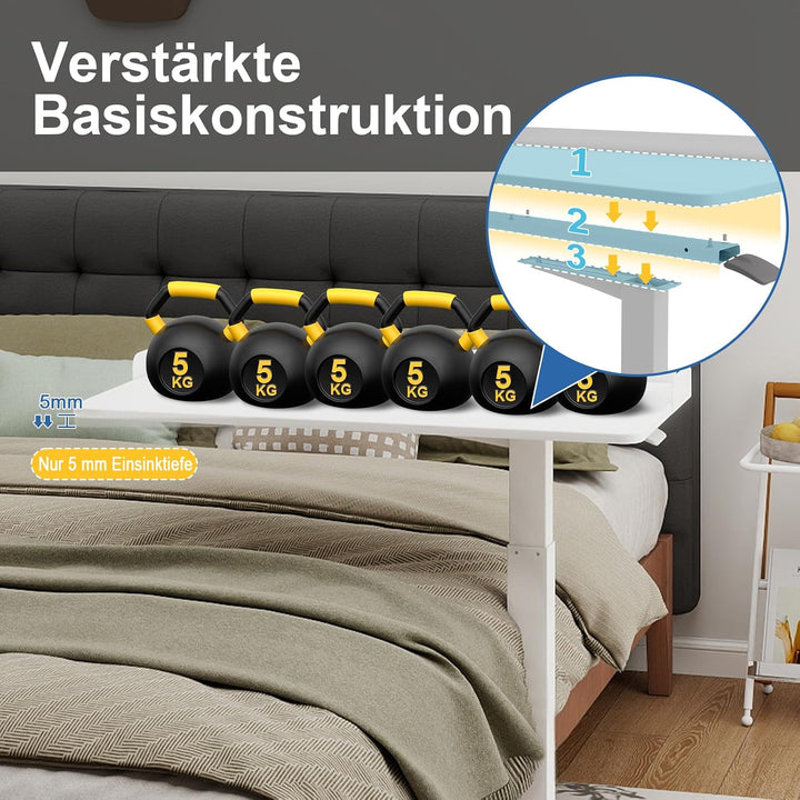 PUNCIA 90 x 40 cm Überbett-Tisch Stehpult höhenverstellbar mit Rollen