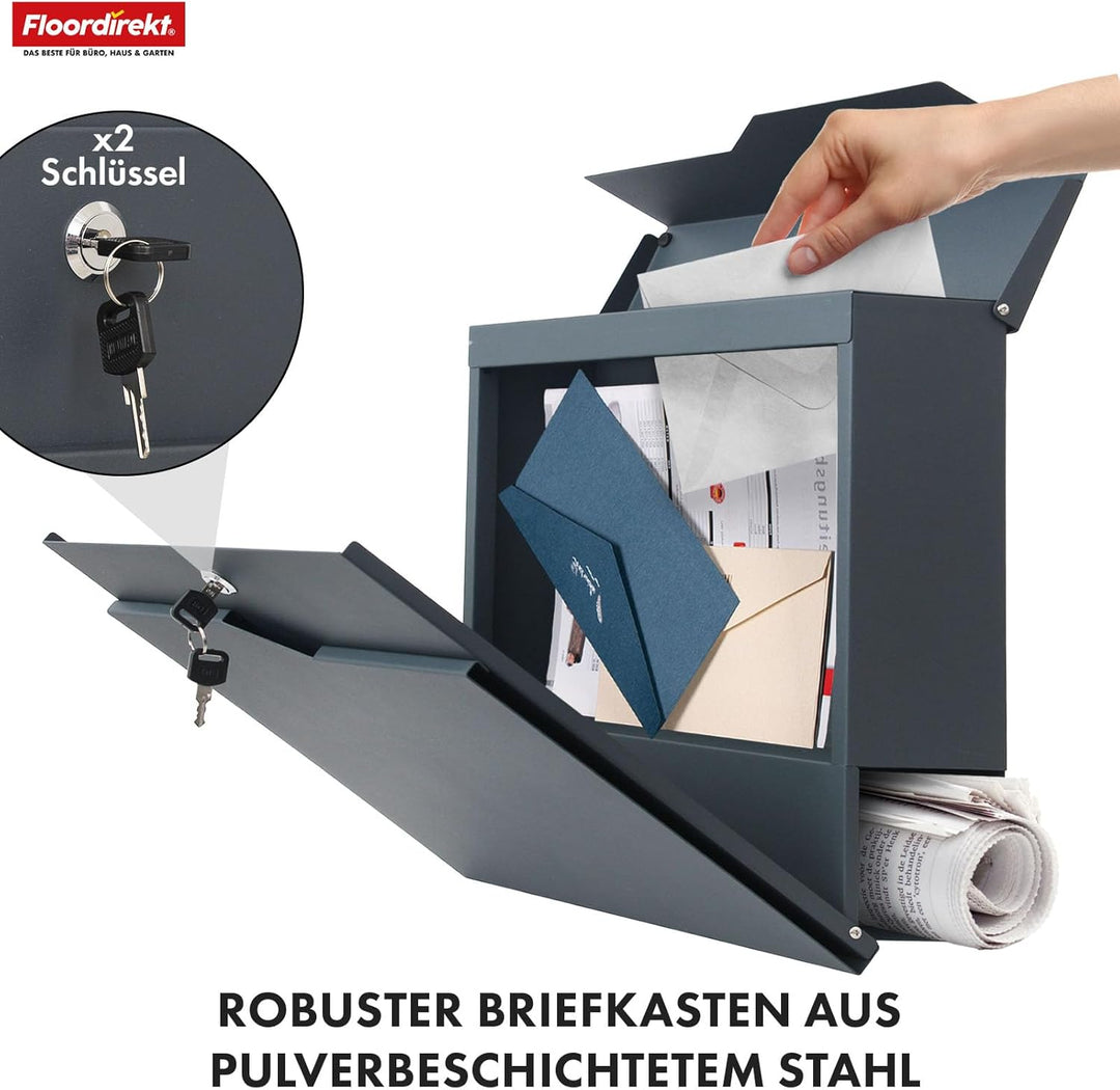 Floordirekt Moderner Briefkasten, mit Zeitungshalter, Deckel, abschliessbar mit Zeitungsfach und gro
